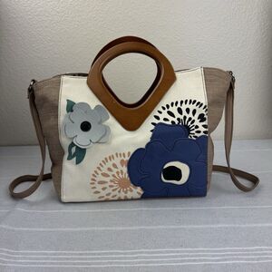 Relic Fossil 3D Floral Embellished Canvas Handbag Crossbody Tote Wooden Handle